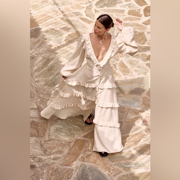 NWT VRG GRL Bonita Linen Ruffle Maxi Dress Cream Australia Brand - Picture 4 of 12